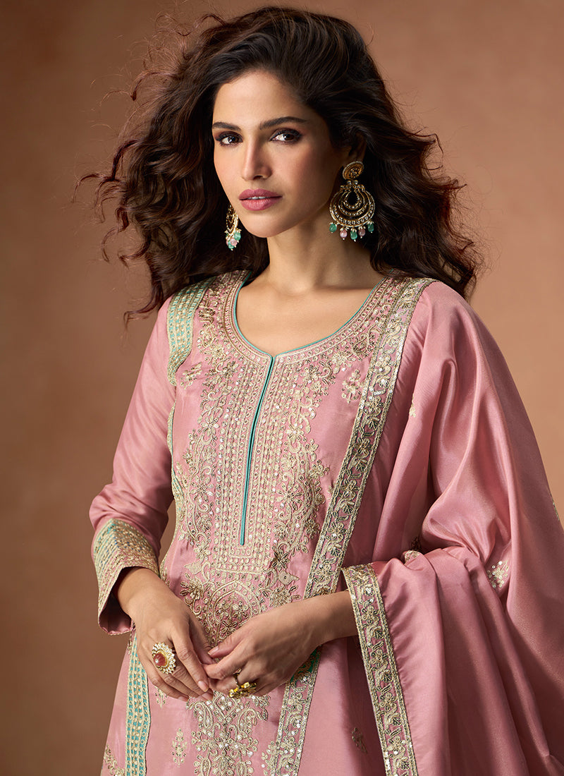 Pink Embroidered Sequin Palazzo Suit Set For Women"
