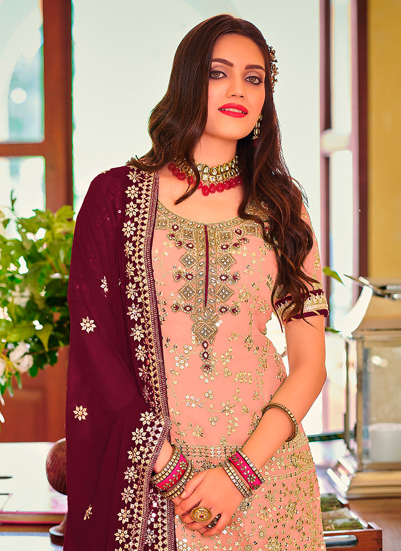 "Peach Graceful Net Sequin Kurta & Palazzo Suit Set"