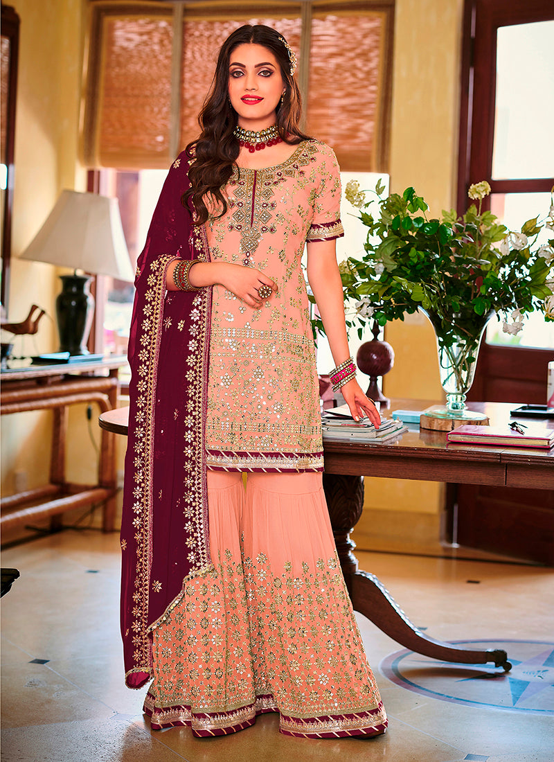 "Peach Graceful Net Sequin Kurta & Palazzo Suit Set"