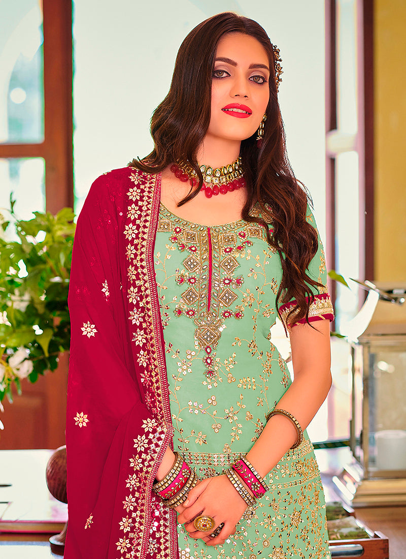 " Pista Green Net Sequin Work Kurta Palazzo Ensemble"
