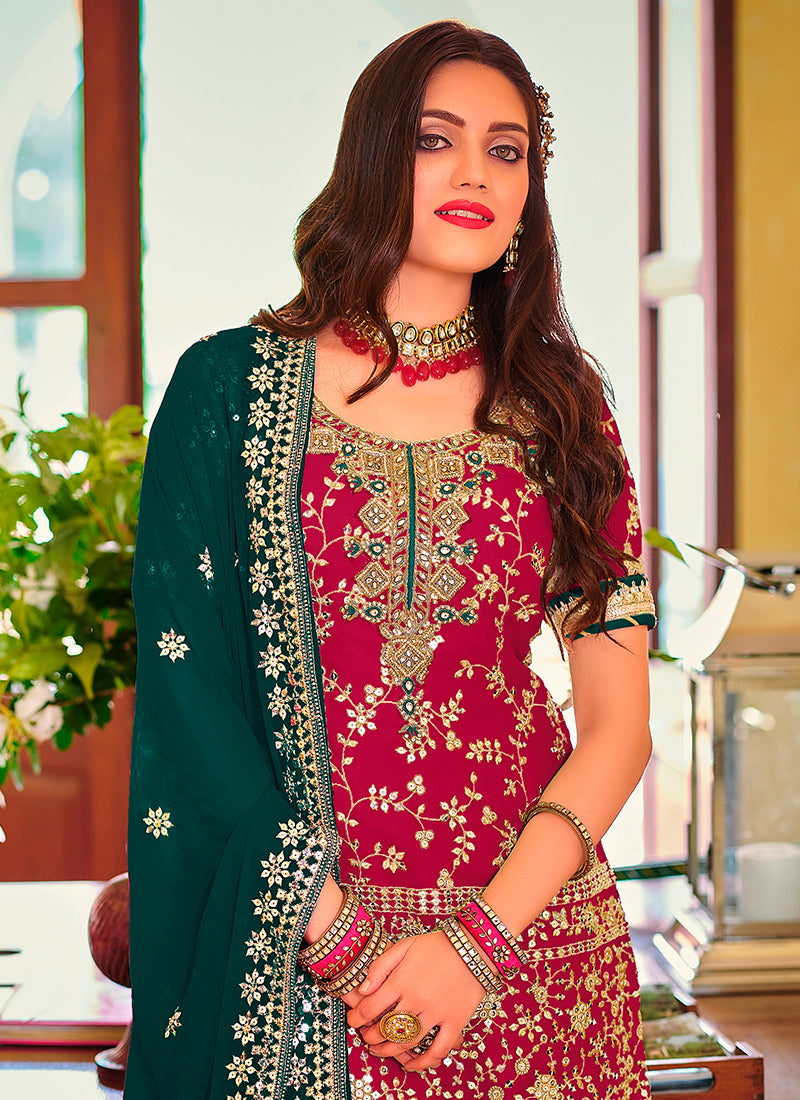 " Red Embellished Net Kurta Palazzo Set with Dupatta"