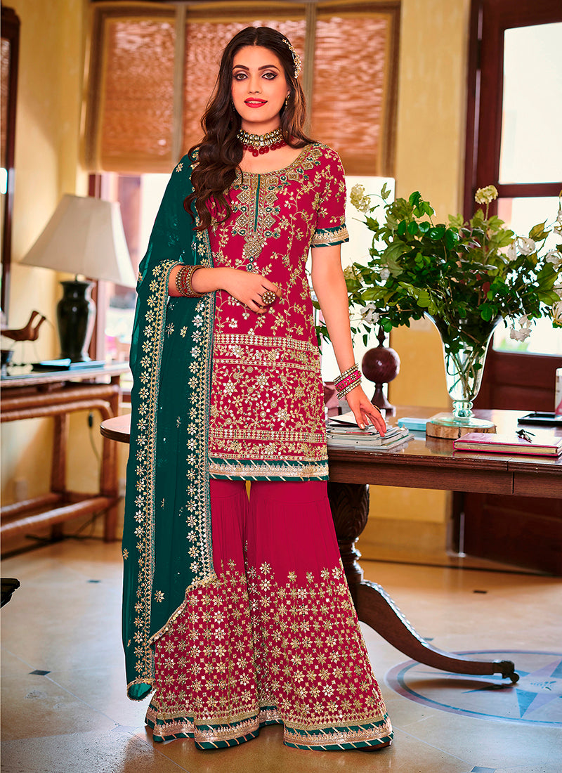 " Red Embellished Net Kurta Palazzo Set with Dupatta"