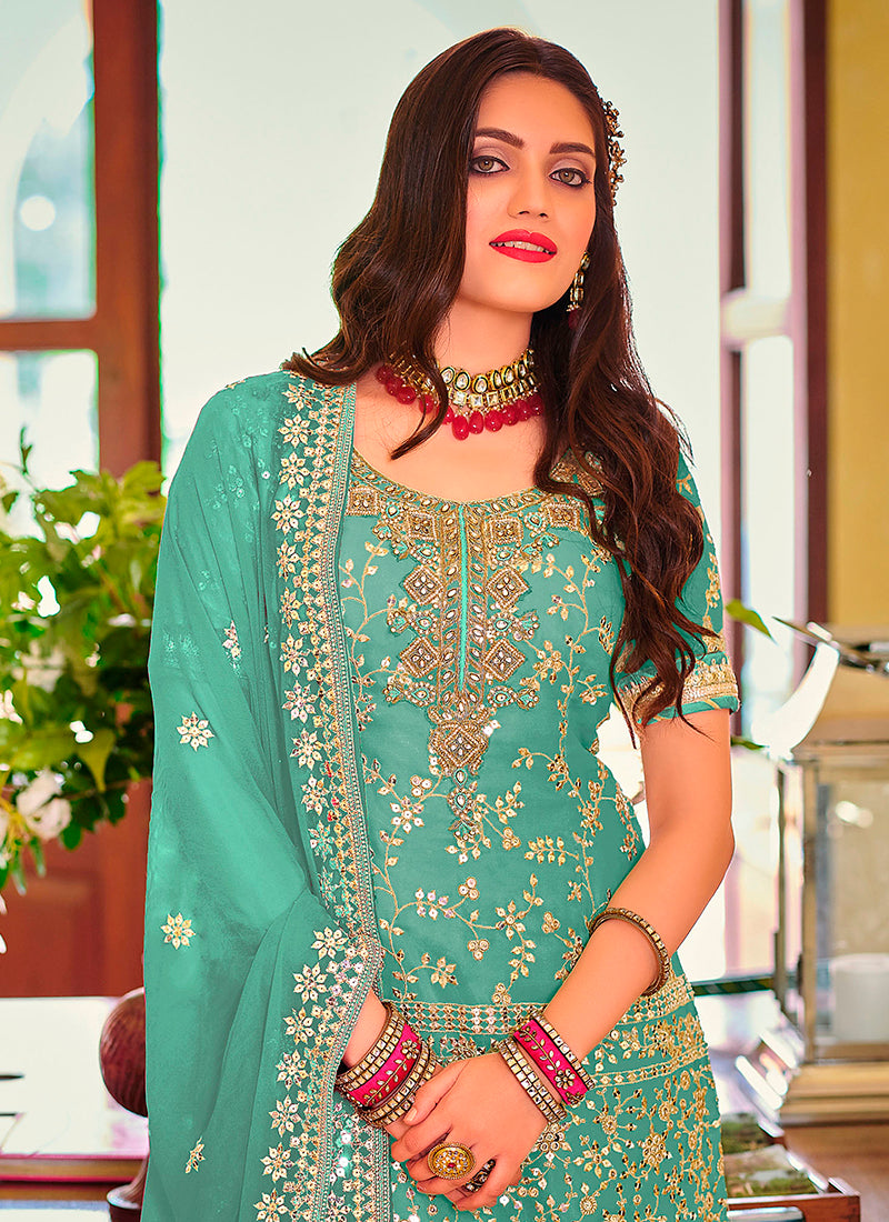 "Sea Green Soft Net Embroidery Kurta Suit Set "