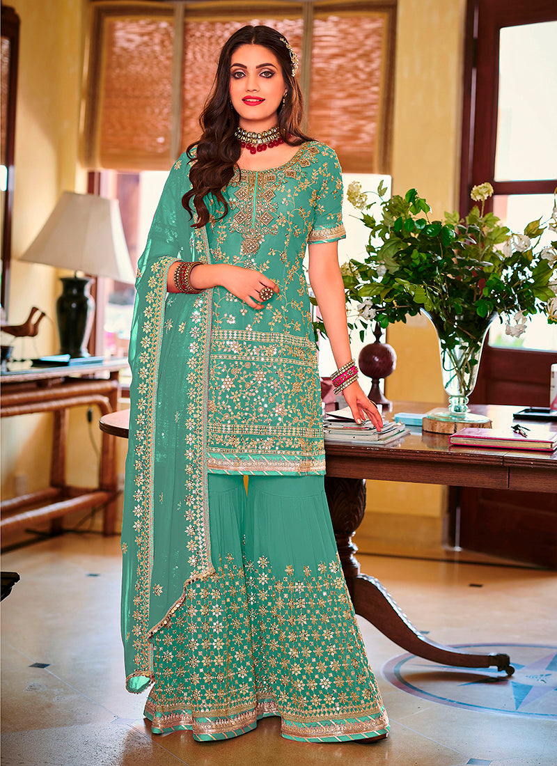 "Sea Green Soft Net Embroidery Kurta Suit Set "