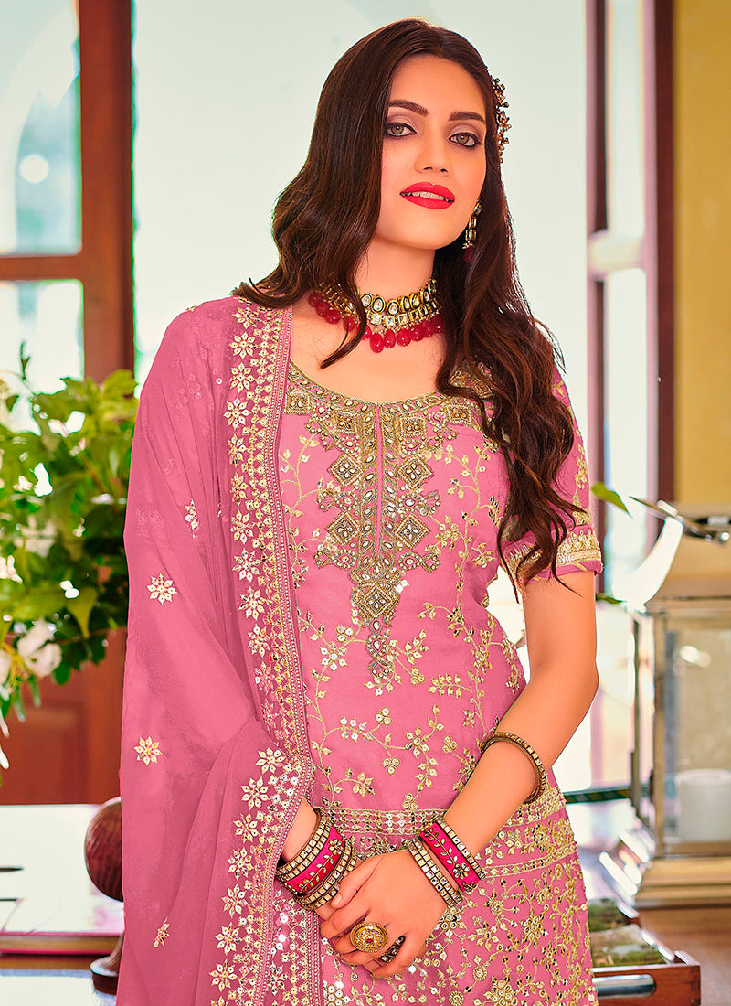 "Pink Elegant Net Kurta Set with Sequin Detailing "