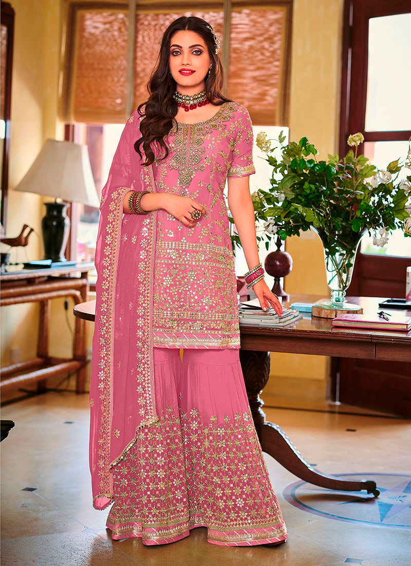 "Pink Elegant Net Kurta Set with Sequin Detailing "