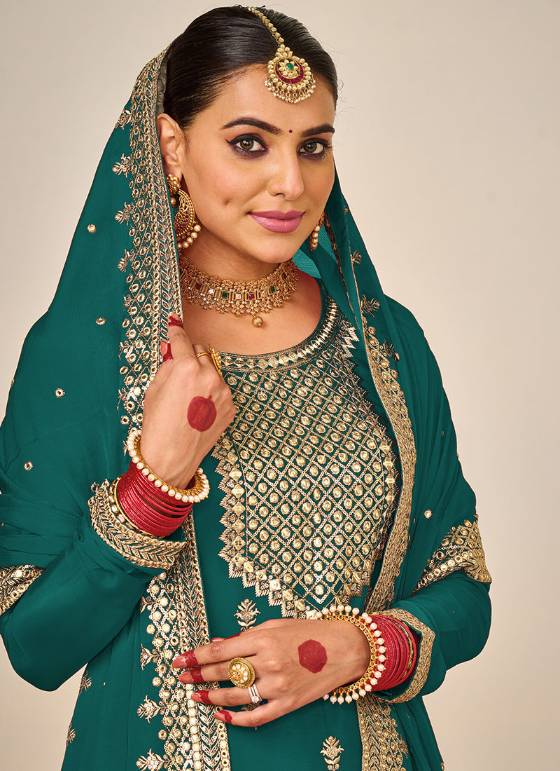 "Women's Green Georgette Net Sequin Embroidery Suit Set "