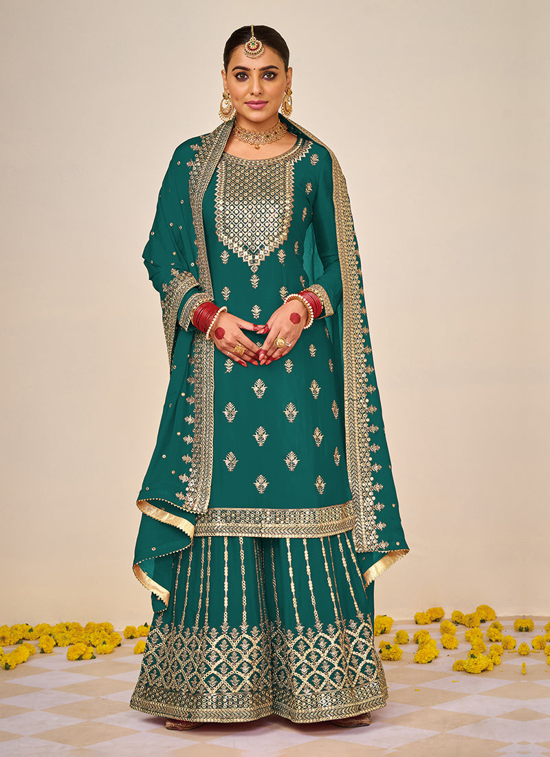 "Women's Green Georgette Net Sequin Embroidery Suit Set "