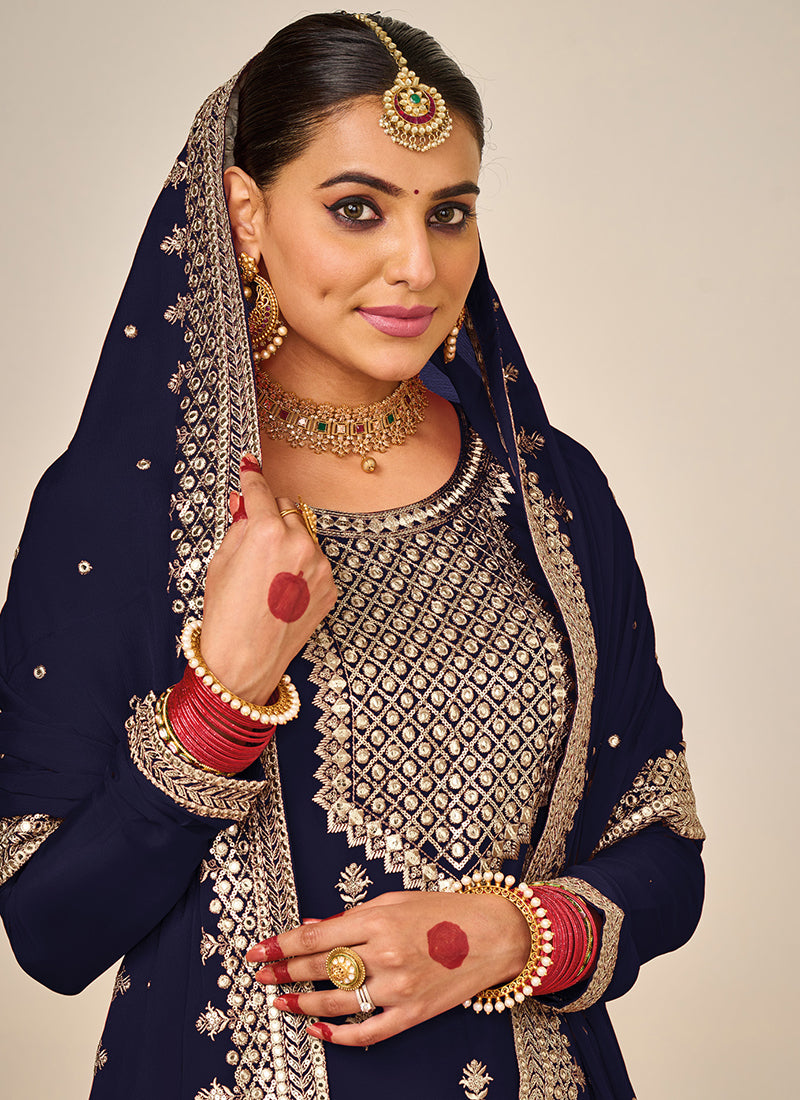 "Navy Blue Graceful Georgette Net Kurta Palazzo Suit with Sequins "