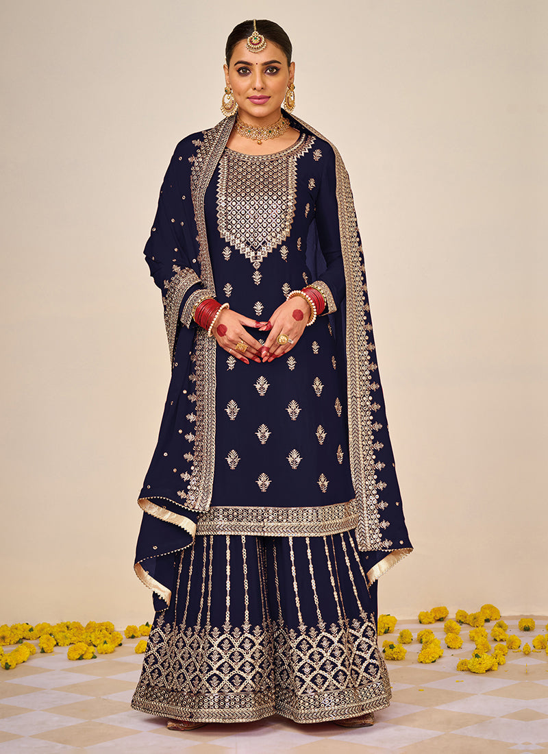 "Navy Blue Graceful Georgette Net Kurta Palazzo Suit with Sequins "