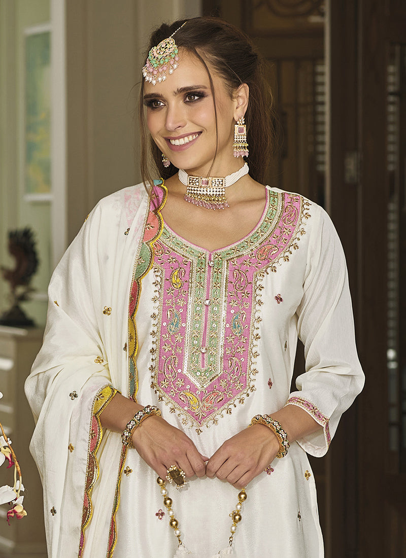 "White Net Embroidered Sequin Kurta Palazzo Set"