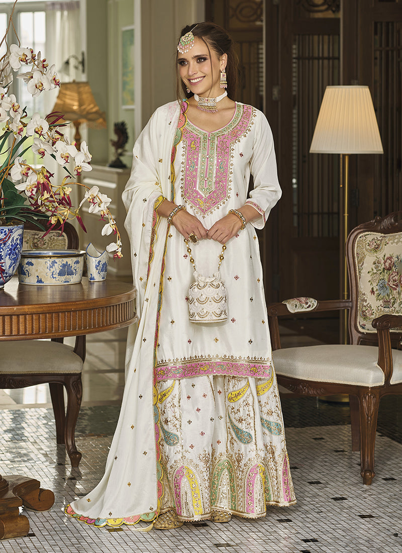 "White Net Embroidered Sequin Kurta Palazzo Set"