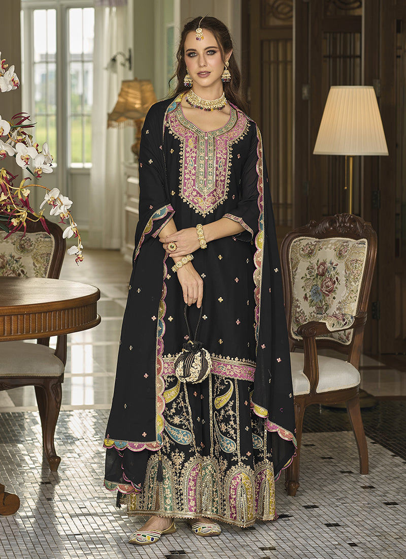" Black Net Kurta Palazzo Set with Embroidery & Sequins "