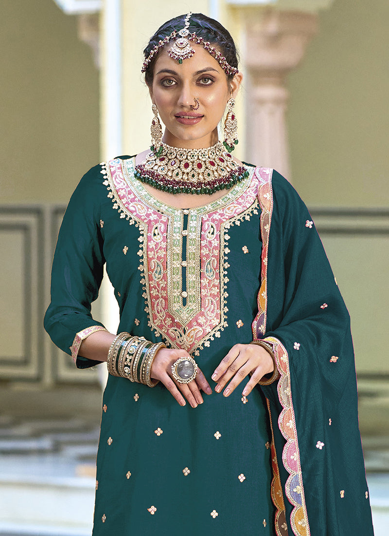 " Luxurious Women's Green  Net Kurta Palazzo Set Featuring Delicate Embroidery, Radiant Sequin Work "