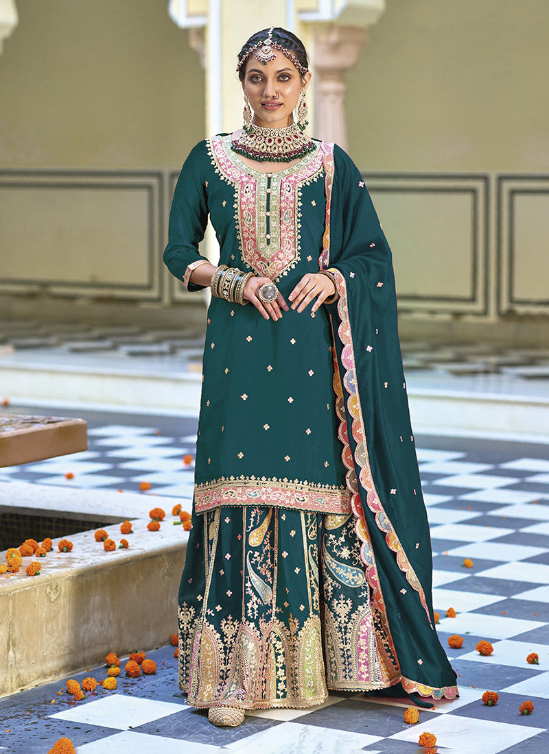 " Luxurious Women's Green  Net Kurta Palazzo Set Featuring Delicate Embroidery, Radiant Sequin Work "