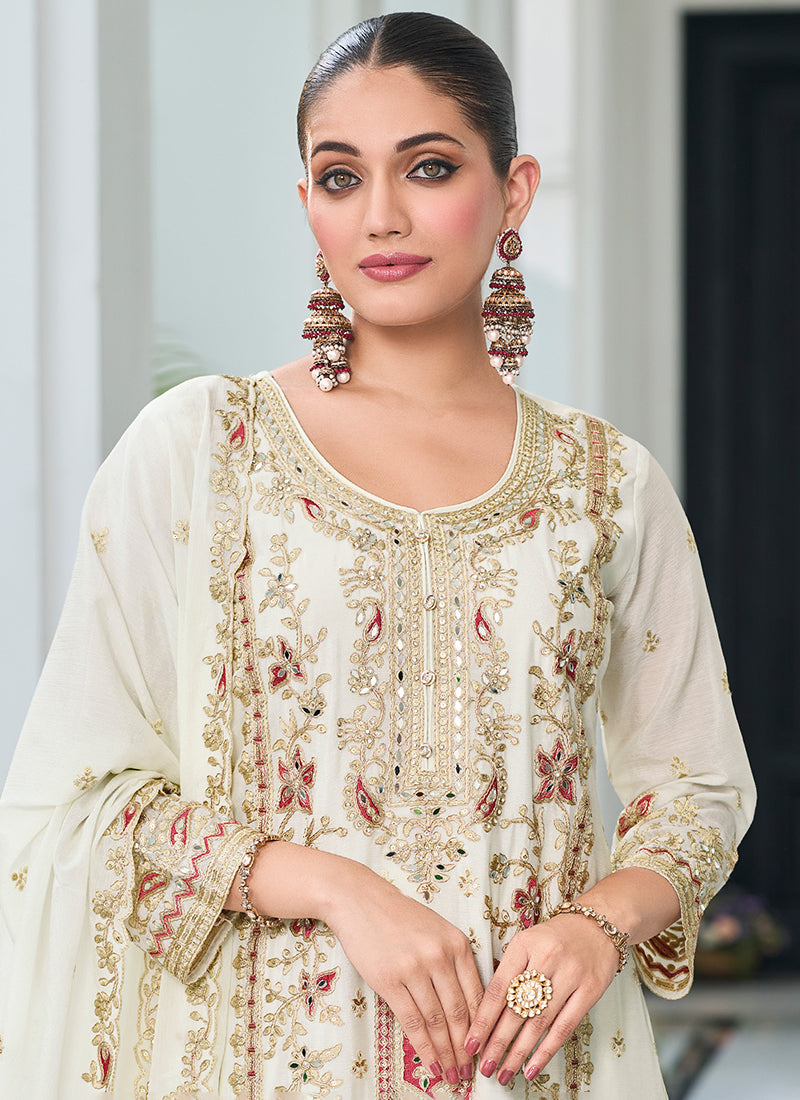 "White Mirage Heavy Embroidery & Sequin Work Palazzo suite set for women"