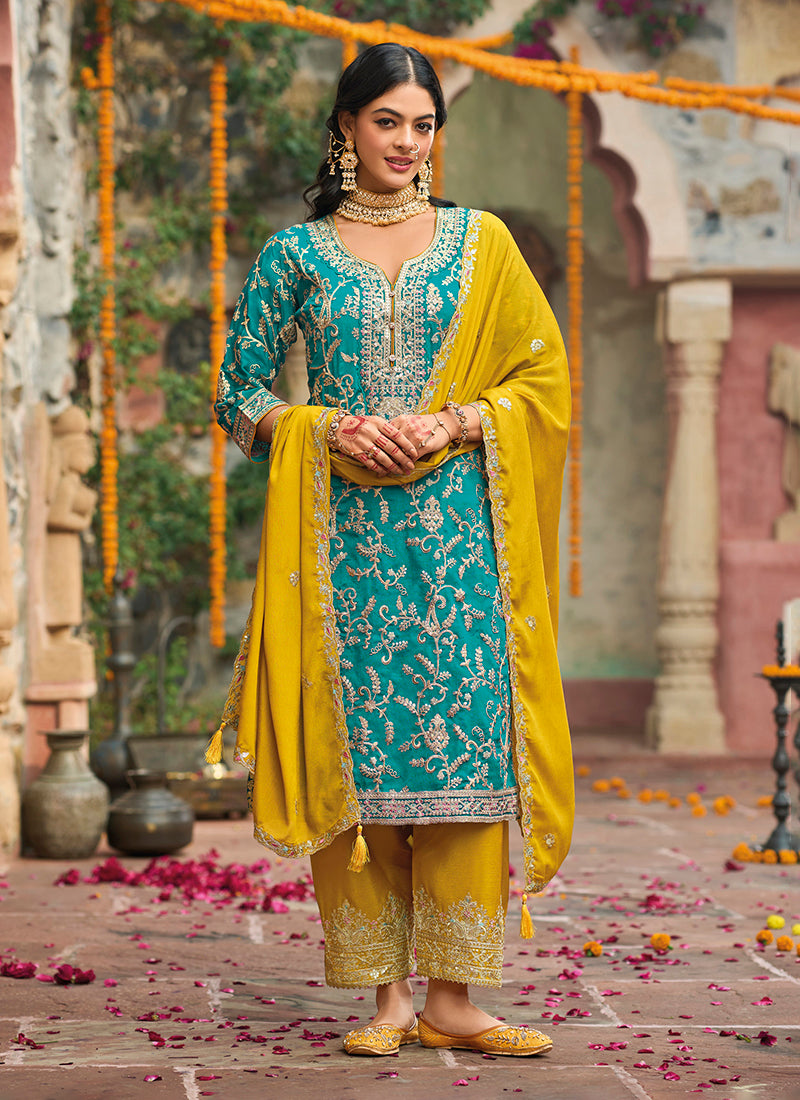 "Seafoam Shine Sequin Work Ethnic Suit"