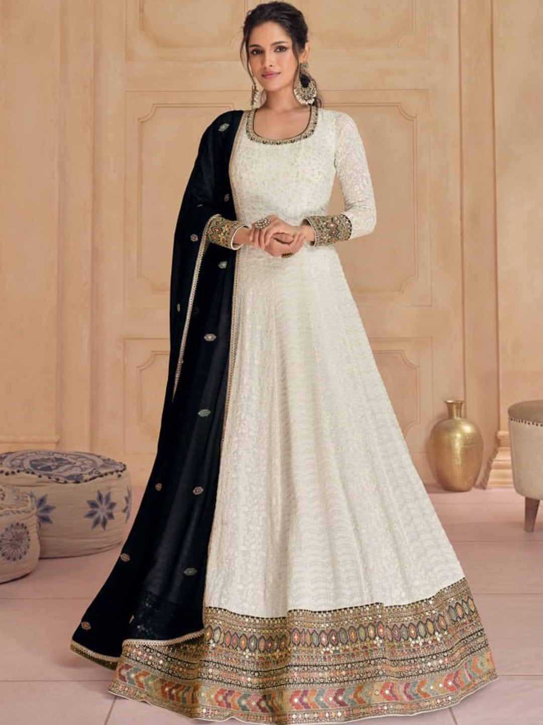 "Noor-e-Saaf White Embroidered Anarkali Suite"