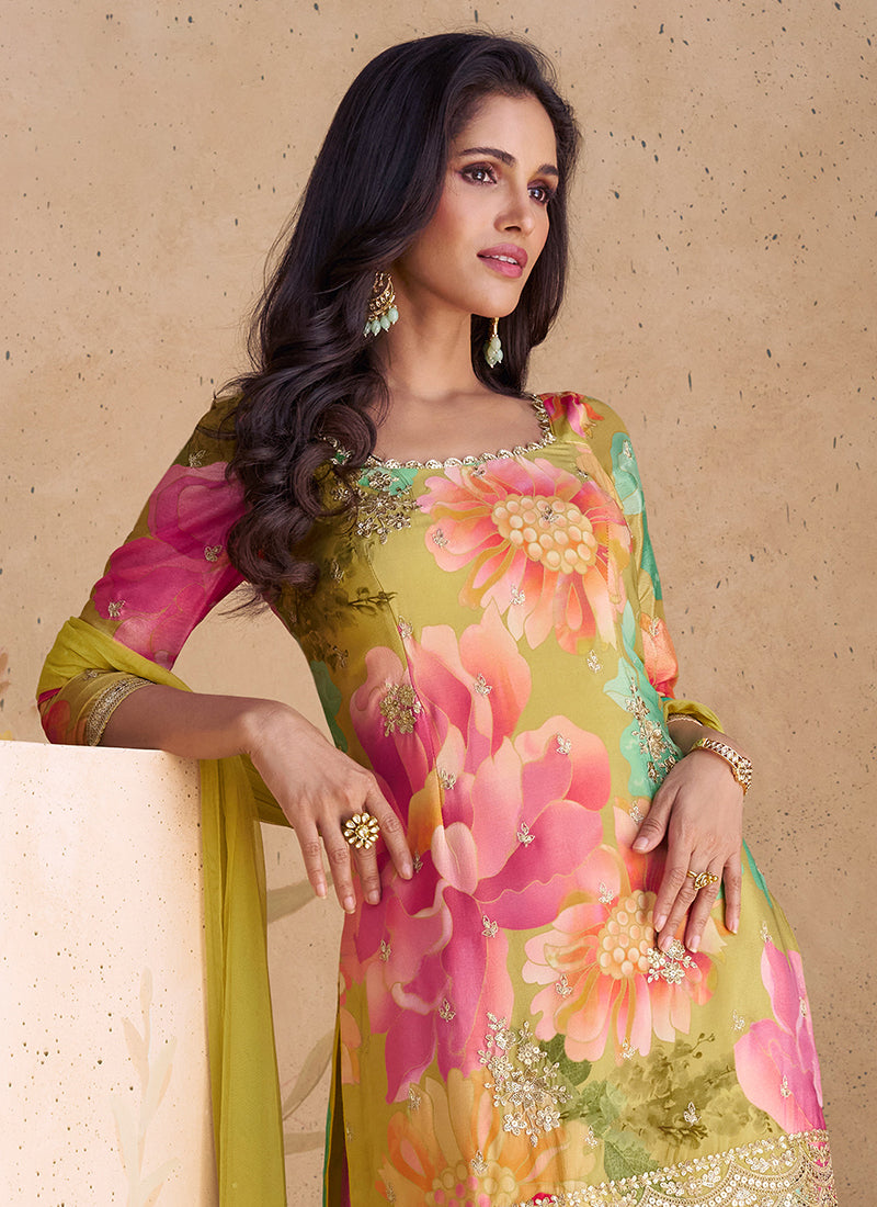 "Sunburst Glow Corn Yellow Embroidered Sequin Suite Set for women"