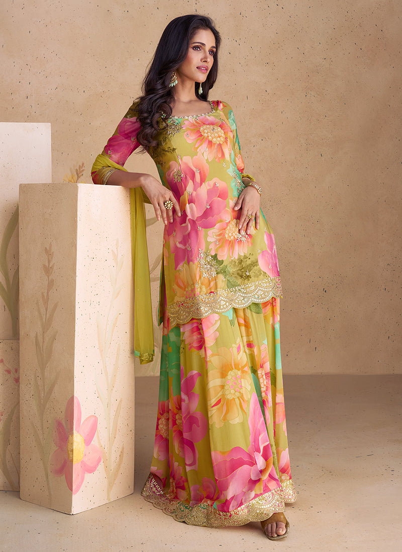 "Sunburst Glow Corn Yellow Embroidered Sequin Suite Set for women"