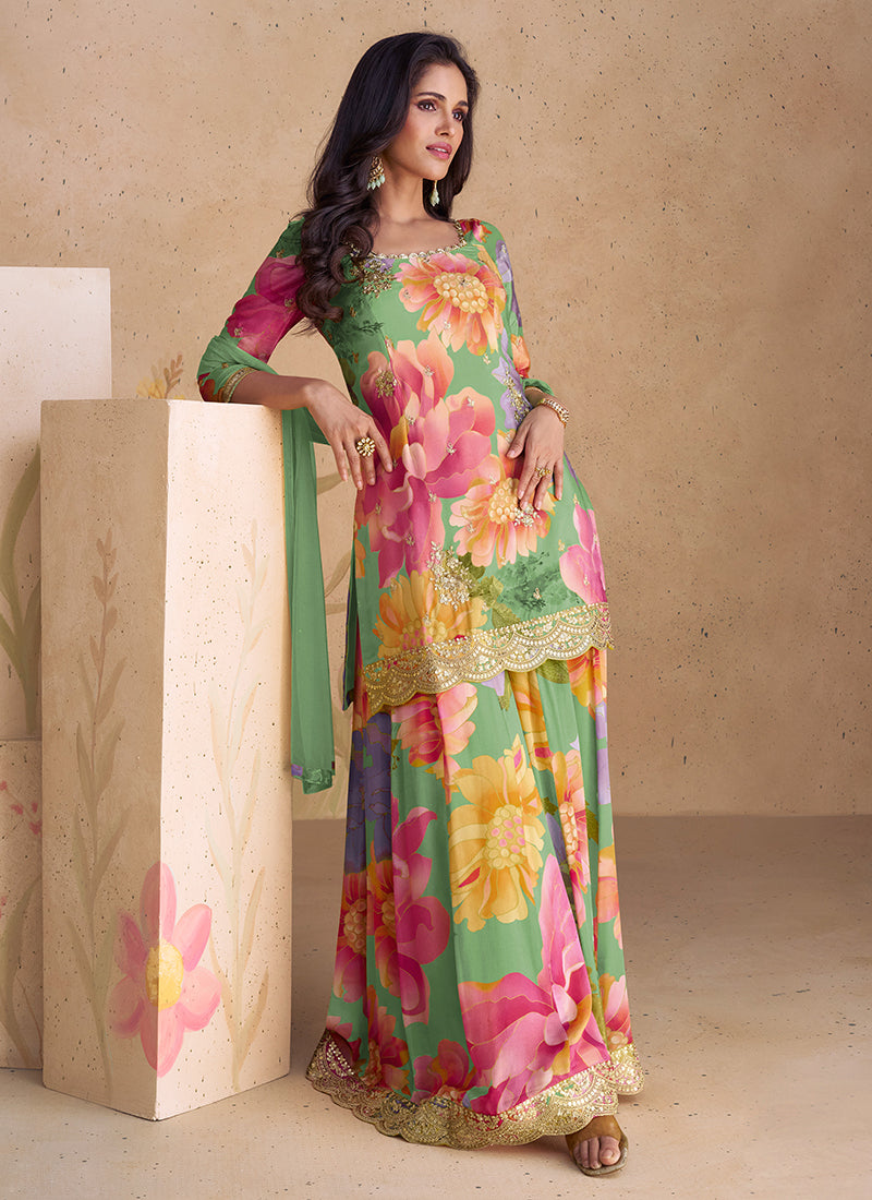 "Ocean Breeze Sea Green Embroidered Sequin palazzo suite Set for women"