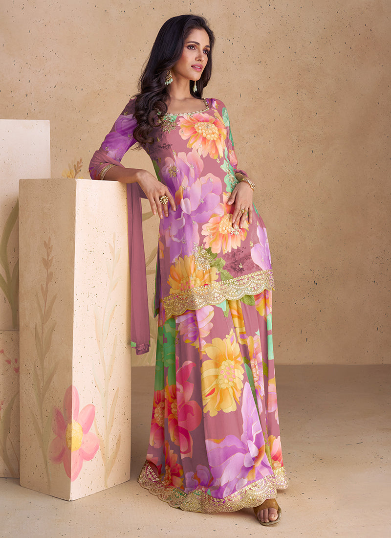 "Lavender Luxe Heavy Embroidered palazzo suite set"