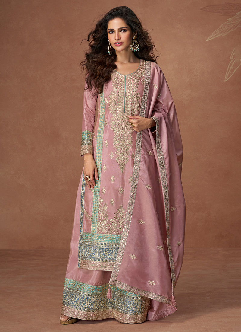 Pink Embroidered Sequin Palazzo Suit Set For Women"